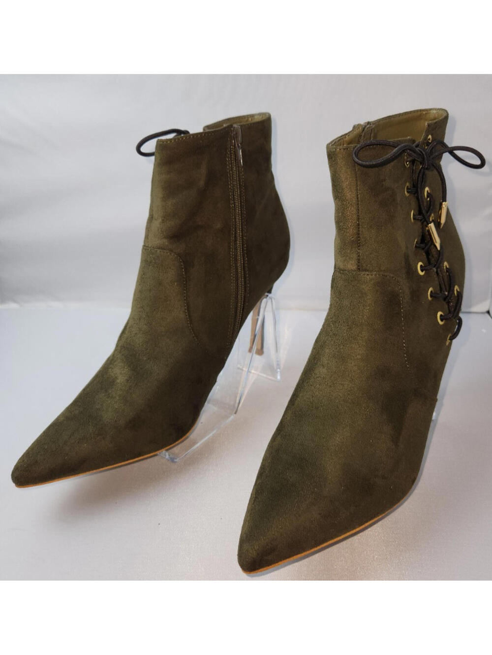 Women's Olive Green Suede Pointed Toe Ankle Boots Lace-Up Detail Size 10